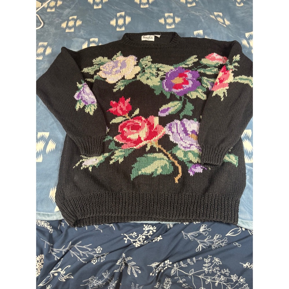 Nancy Vale of London Vintage Floral Intarsia Knit Sweater Black Pink Large